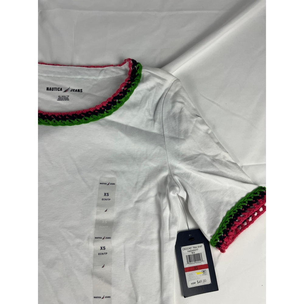 Nautica Jeans Womens XS White Crochet Trim‎ Knit Short Sleeve T Shirt
